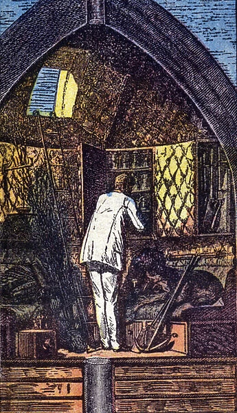 The astronaut in the rocket. Grav. in 'From Earth to Moon'by Jules Verne, 1866