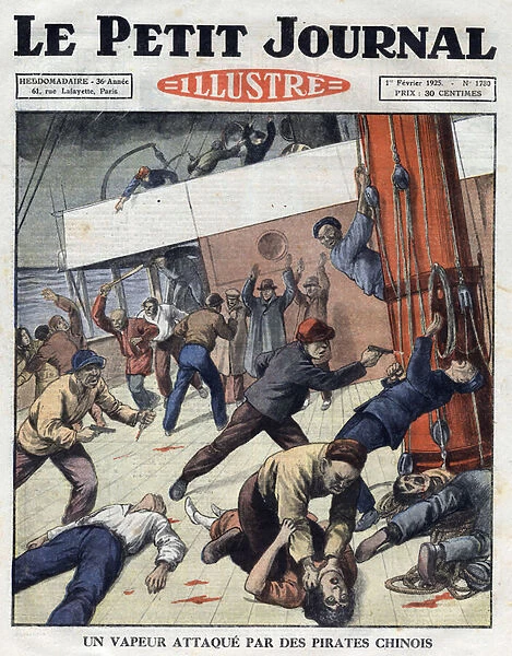 Attack by a group of Chinese pirates of an English steamer carrying tourists into the Chinese seas. Illustration from 'Le petit journal'01  /  02  /  1925 Collection privee