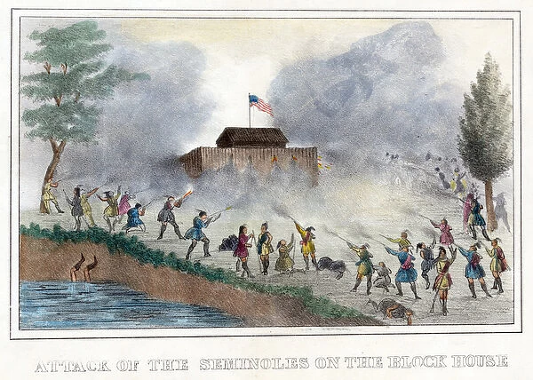 Attack of the Seminoles on the Block House, pub. 1836 (hand coloured engraving)