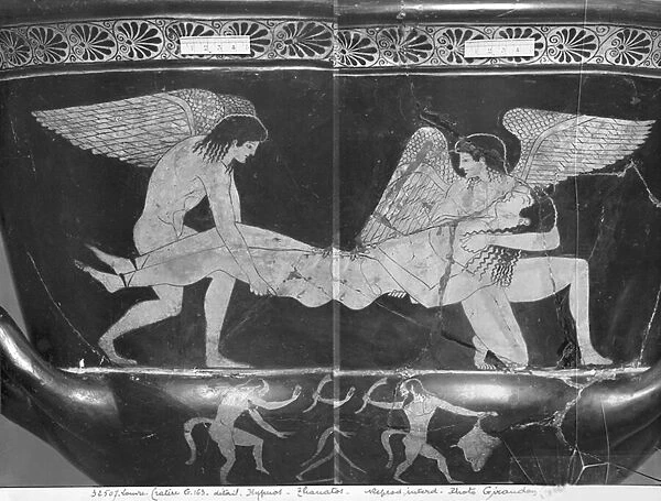 Attic red-figure calyx krater depicting Hypnos and Thanatos carrying the body of Sarpedon (ceramic) (detail of 224692) (b  /  w photo)