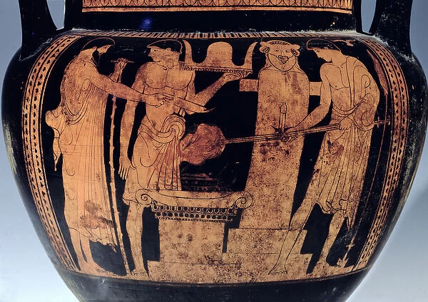 Attic red-figure krater, detail, decorated with a scene of Vulcans forge