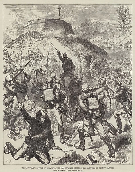 The Austrian Capture of Serajevo, the 46th Infantry storming the Saluting or Yellow Battery (engraving)