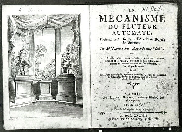 Automatons, illustration of the frontispiece from Le Mecanisme du fluteur
