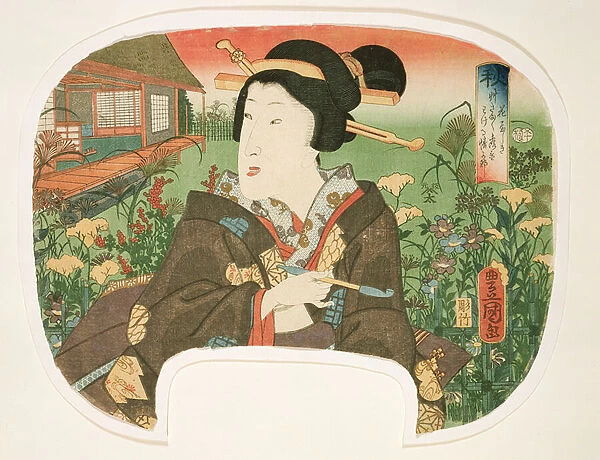 Autumn, Hanayashiki: A geisha with a pipe, design for a fan from a set of four