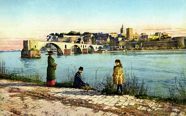 Avignon, the banks of the Rhone, its famous bridge and the palace of the popes, beg 20th (postcard)