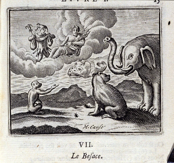 The Bag. Fables by Jean de La Fontaine (1621-95). Illustration by Francois Chauveau