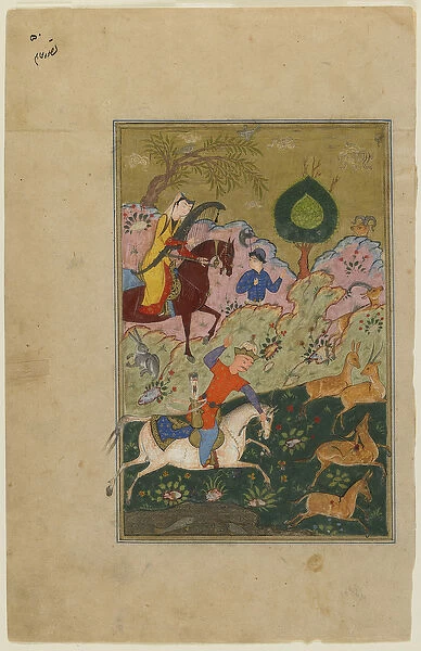 Bahram Gur hunts with Azada, from a Khamsa, c. 1580 (ink