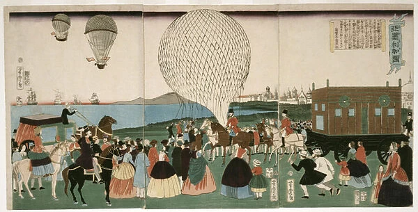Ballooning in America, pub. 1865 (hand coloured woodcut)