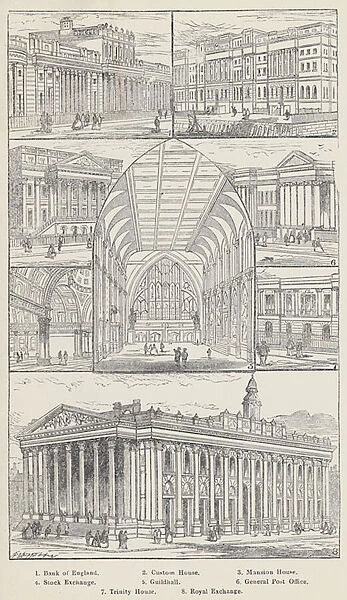 Bank of England, Custom House, Mansion House, Stock Exchange, Guildhall, General Post Office, Trinity House, Royal Exchange (engraving)