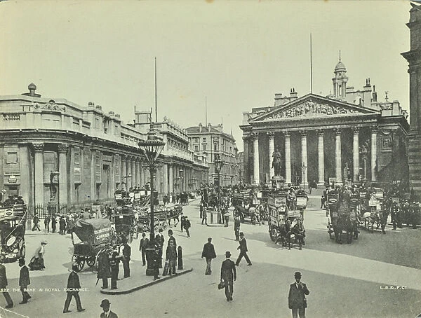 Bank of England and Royal Exchange, Threadneedle Street, City of London, 1890 (b  /  w photo)