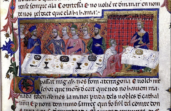 Banquet hosted by Pere Martell and Jacques I, during which the conquest of the Balearic Islands was decided (Codex Poblet), from 'Llibre del feits del Rei Jaume', c. 1343 (manuscript)