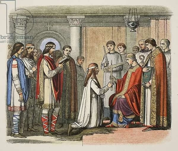 Baptism of King Guthorm, AD 878, from A Chronicle of England BC 55 to AD 1485, pub