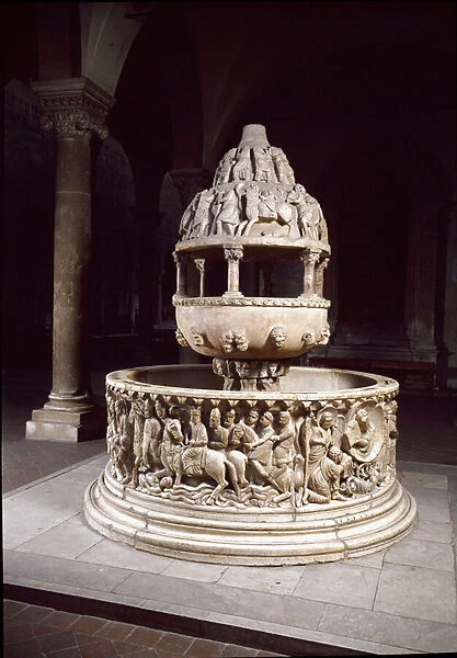 Baptismal fonts with episodes of Mosess life. Sculptures, 12th century