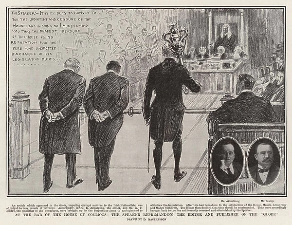 At the Bar of the House of Commons, the Speaker reprimanding the Editor and Publisher of the 'Globe'(litho)