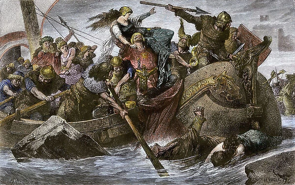 Barbarian World: Viking attack led by Swedish king Olaf Tryggvason in the Channel, around 900. Coloured engraving of the 19th century