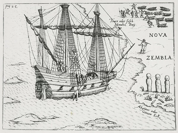 Barents ship at Nova Zembla, 1598 (engraving)