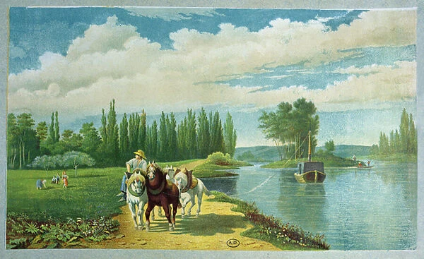 A Barge Pulled by Horses, late 19th century (colour litho)
