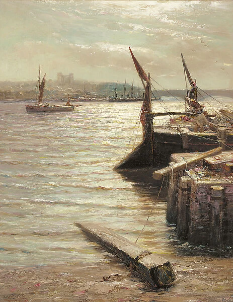 Barges moored by the riverbank (oil on canvas)