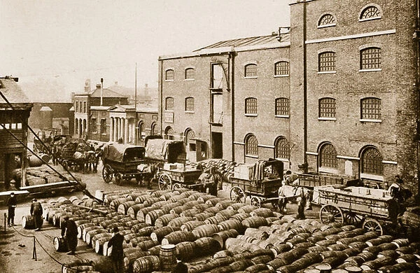 Barrels of molasses in the West India Docks (sepia photo)