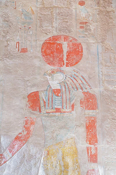 Bas relief carving of the sun god Ra, Hatshepsut temple of Deir Al Bahari, Luxor, Egypt (photo)