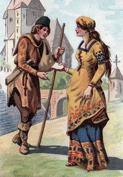 Basse-Alsace (Woman of the bourgeoisie and man of the lower classes in the 12th century, Lower Alsace, France). Late 19th century (chromolithograph)