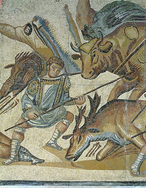 Battle between Gladiators and Animals, detail of a gladiator spearing a bull, 320 AD (mosaic)