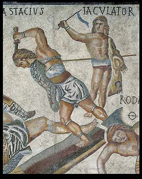 Battle between Gladiators, detail of a gladiator fighting and a victorious gladiator, 320 AD (mosaic)