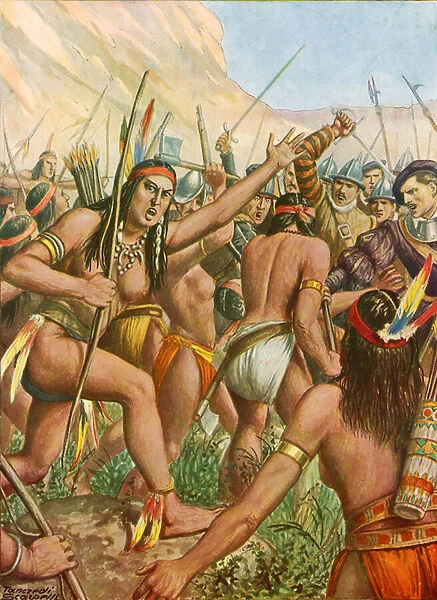 Battle between l Orebana and a tribe of women near the river Amazon