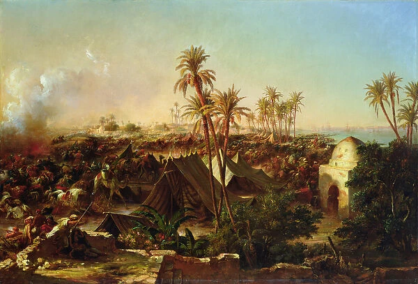 Battle with palm trees and tents (oil on canvas)