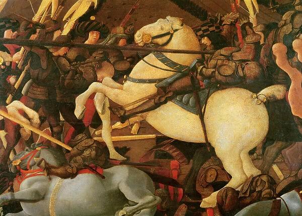 The Battle of San Romano, detail of Bernardino della Ciarda unseated by Niccolo da Tolentino, c. 1456, (tempera on panel)