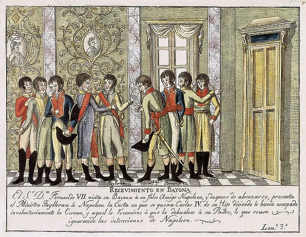 The Bayonne meeting in 1808 following the Aranjuez insurrection which saw the abdication of the Spanish king Charles IV in favour of Ferdinand VII (Fernando VII): the new king presents himself before Napoleon I and Talleyrand