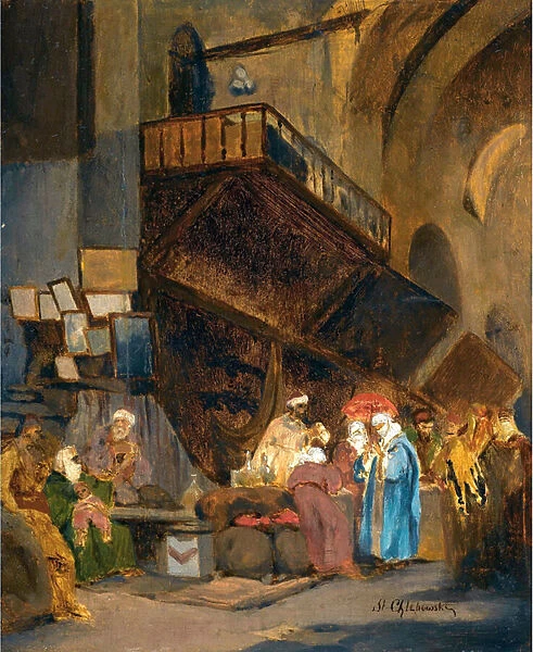 Bazar a Constantinople - Peinture de Stanislaw Chlebowski (1835-1884), orientalisme - Bazaar in Constantinople - Oil on wood by Stanislav Khlebovsky (1835-1884) - 26x21 cm - Private Collection
