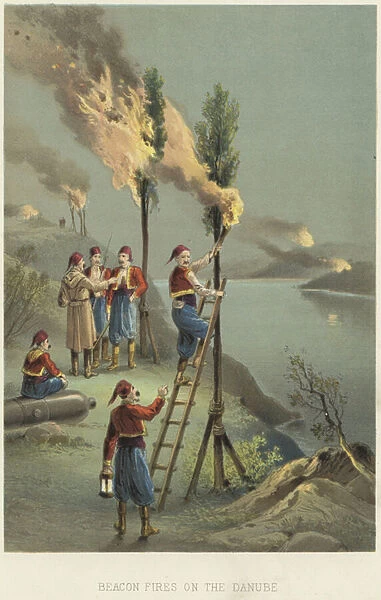 Beacon fires on the Danube (colour litho)