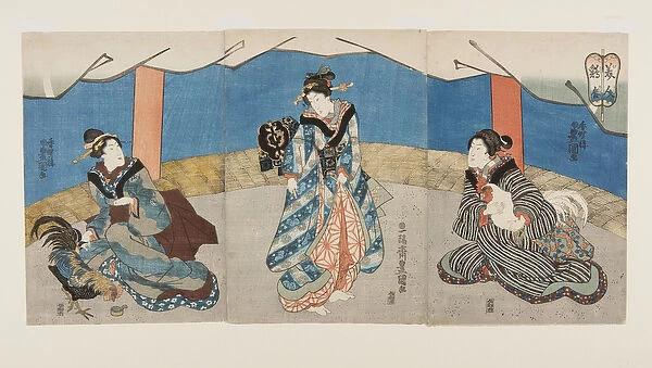 Beauties during a cockfight (Bijin Toriaiu) (colour woodblock print)