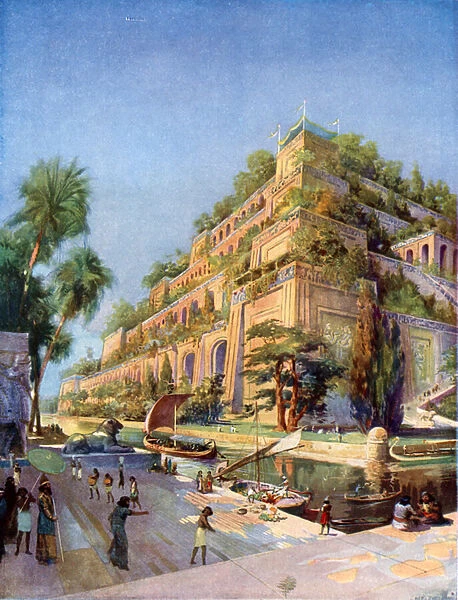 Beautiful Reconstruction of the Hanging Gardens of Babylon (colour litho)