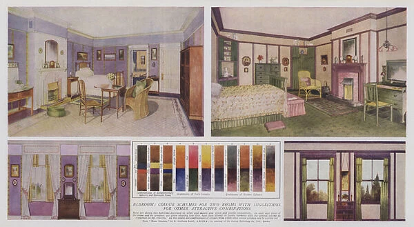 Bedroom, colour schemes for two rooms with suggestions for other attractive combinations (colour litho)