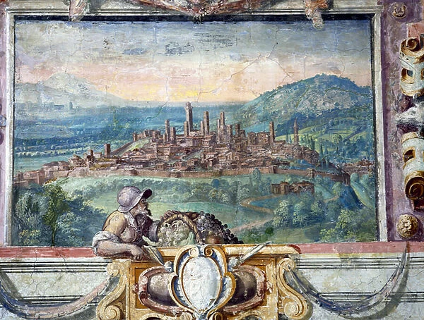 Bedroom, detail of frieze depicting towns under Medici rule, San Gimiginano