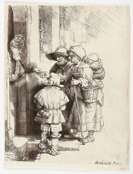 Beggars receiving alms at the door of a house, 1648 (Etching)