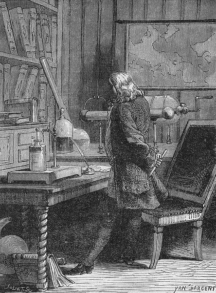 Benjamin Franklin in his physics lab in Philadelphia. In'Album de la Science'