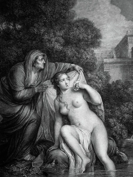 Bible : Bathsheba at Bath : Bathsheba is seen by King David from the terrace of his palace while she bathes, engraving, 18th century