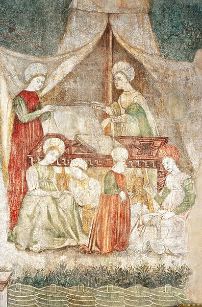 Bicocca degli Arcimboldi: 15th century fresco, detail of the cutting of fabrics and a dwarf (fresco)