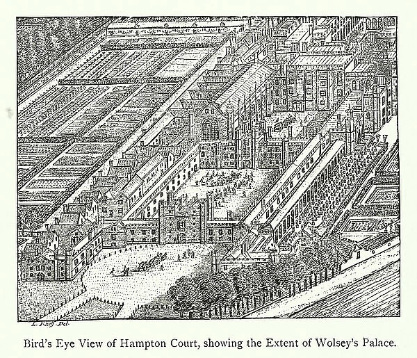 Bird's Eye View of Hampton Court, showing the Extent of Wolsey's Palace (engraving)