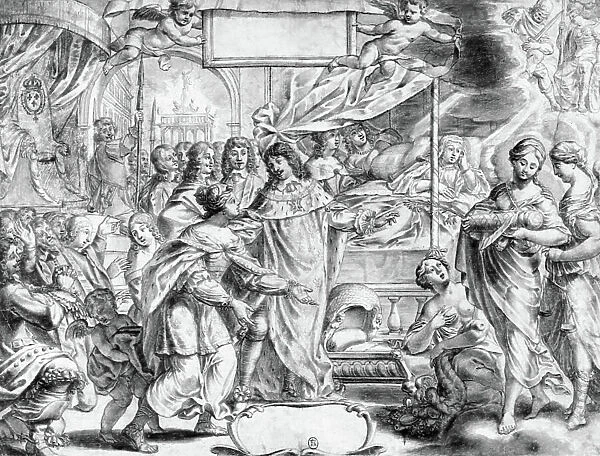 Birth of the French Dauphin future French king Louis XIV (1638-1715) in St Germain en Laye on september 5, 1638 : in front : French king Louis XIII, in the bed : the queen Anne d'Autriche, drawing
