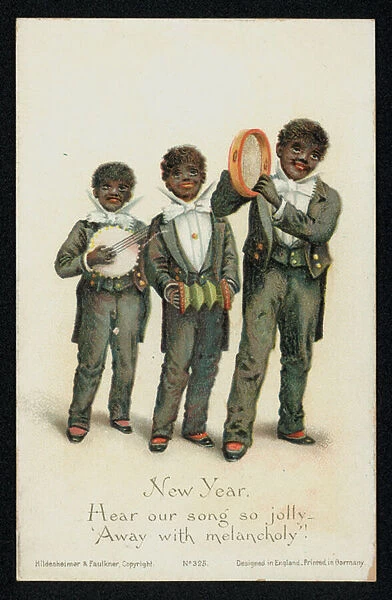 Three black boys playing musical instruments, New Years greetings card (chromolitho)