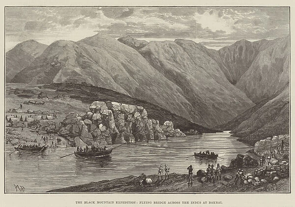 The Black Mountain Expedition, Flying Bridge across the Indus at Bakrai (engraving)