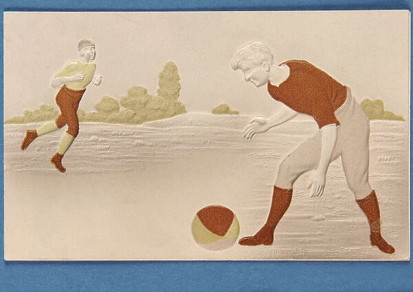 Blank card in relief depicting two footballers, c. 1880s (colour litho)