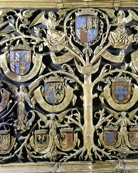 Blazon and family tree of Charles of Burgundy (1433 - 1477) and his daughter Marie of Burgundy (1457 - 1482), wife of Maximilian of Austria. Mausoleum of Mary of Burgundy. Notre Dame Church, Bruges