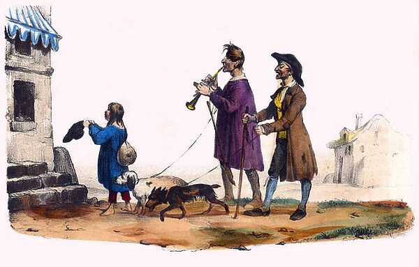Two blind led by dogs and a beggar child. In 'Album Grotesque