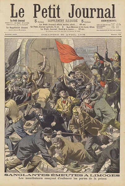 Bloody riots in Limoges, France (colour litho)