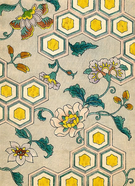 Blossoms on a Honeycomb Background, 1882 (colour woodblock print)